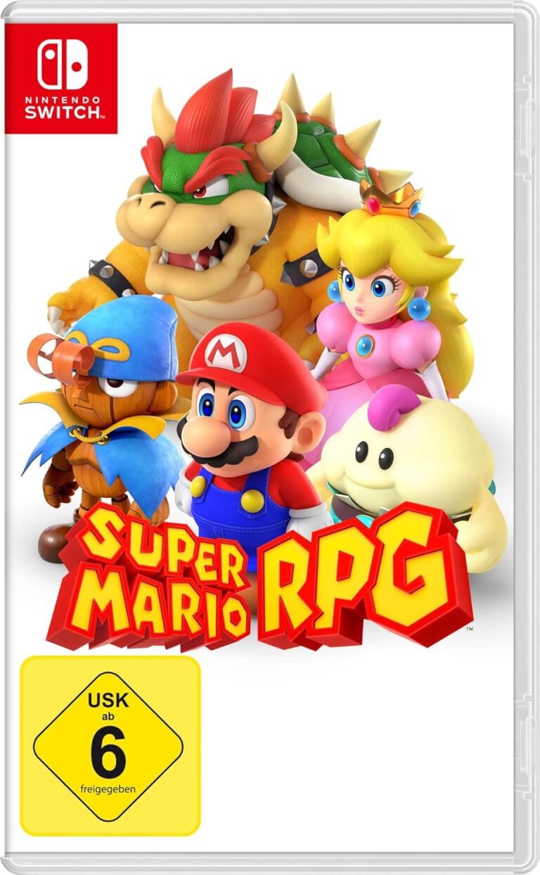 Packshot Super Mario RPG: Auf weißem Hintergrund sind die Figuren Mario, Peach, Bowser, Geno und Mallow abgebildet.