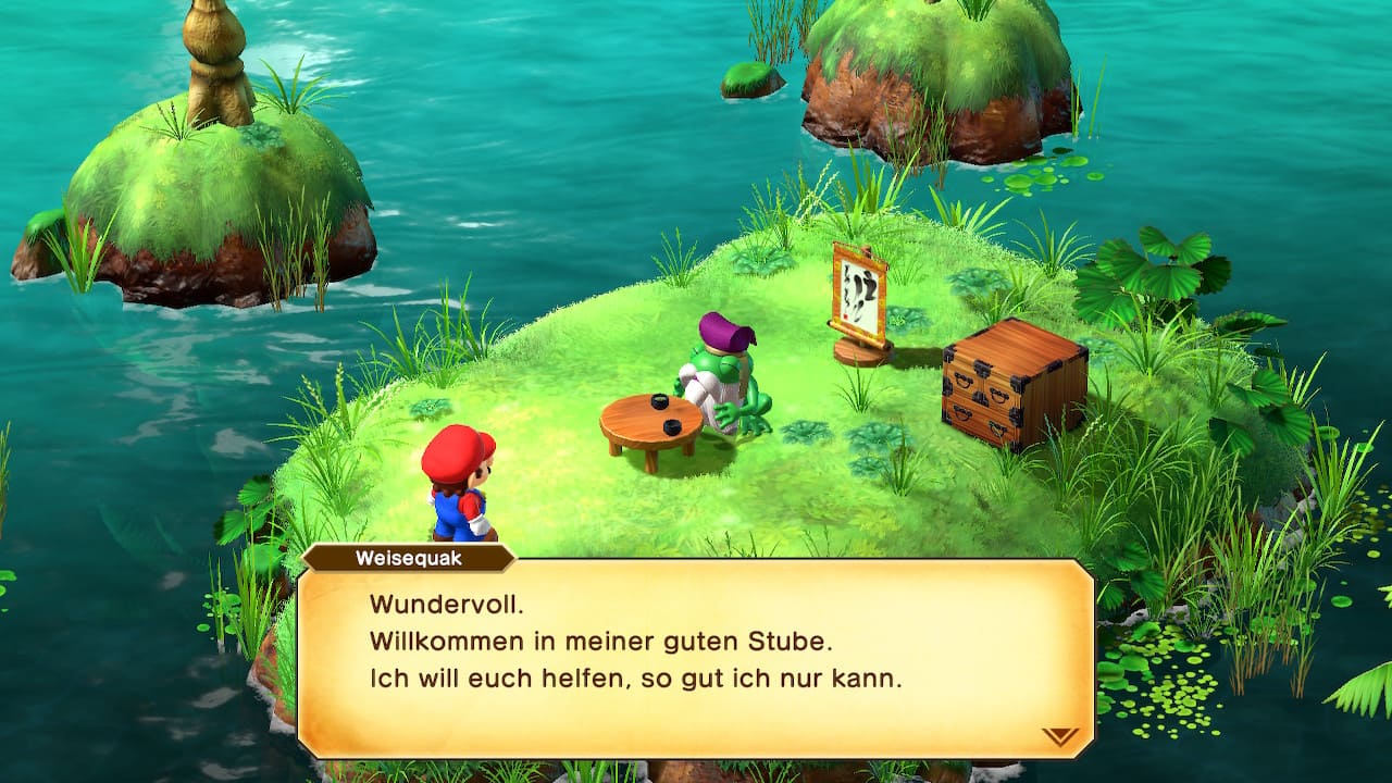 Mario trifft den Charakter Weisequak auf einer kleinen Insel. Dieser begrüßt ihn freundlich.