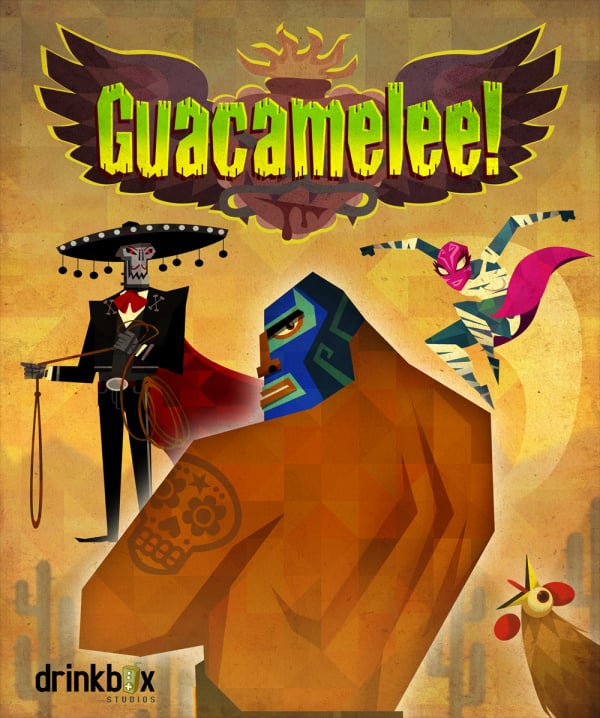 Packshot von Guacamelee! Ein Mann mit Wrestling-Maske posiert im Vordergrund. Ein Skelett mit Lasso, eine pinke Wrestlerin und ein Huhn sind auch zu sehen.