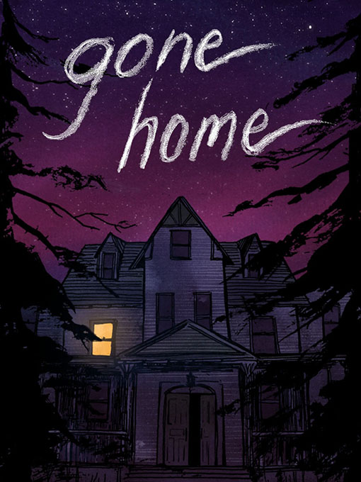 Packshot von Gone Home: Ein dunkles Haus mit einem erleuchteten Fenster. Darüber ein leuchtender Sternenhimmel.