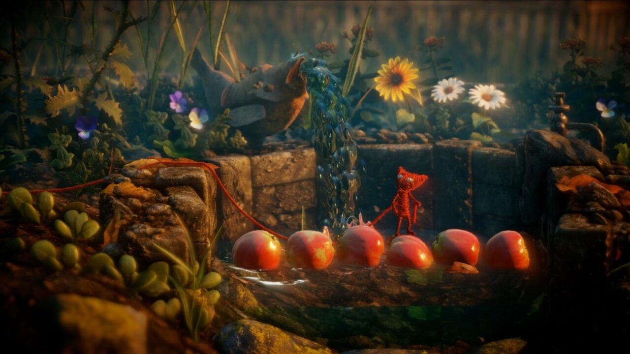 Yarny überquert einen kleinen Teich indem er über die im Wasser liegenden Äpfel läuft.