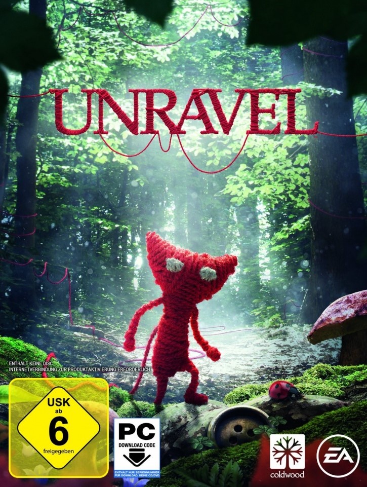 Packshot von Unravel: Ein kleines Männchen aus rotem Garn steht in einem Wald.