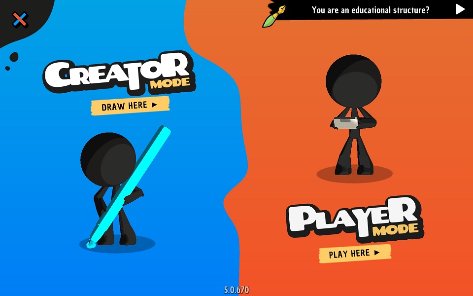 Auswahlbildschirm zu Spielbeginn: Der Creator-Mode links ist in Blau mit einem schwarzen Männchen und türkisem Stift. Rechts in Orange steht ein schwarzes Männchen mit Konsole für den Player-Mode.