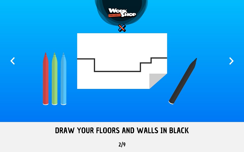 Ein Teil der Anleitung. "Draw your floors and walls in black" ist zu lesen. Links sind bunte Stifte, rechts ein schwarzer Stift. In der Mitte sind gezeichnete schwarze Treppen und Mauern zu sehen.