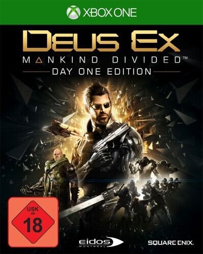 Packshot von Deus Ex: Mankind Divided. Ein bewaffneter Mann im schwarzen Kampfanzug vor einem dunklen, zersplitterten Hintergrund.