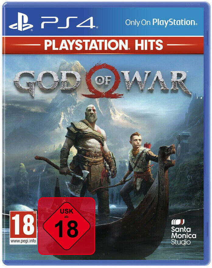 Packshot von God of War: Kratos und sein Sohn fahren mit einem Boot über einen See.