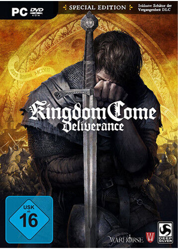 Packshot von Kingdom Come: Deliverance: Ein Ritter in grauer Rüstung kniet am Boden und stützt sich auf seinem Schwert ab.