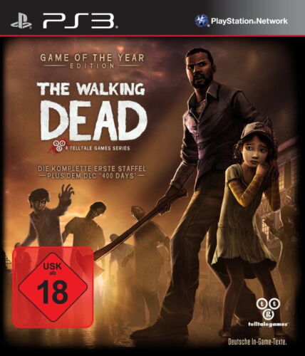 Packshot von The Walking Dead: Der Hauptcharakter hält eine Axt und hat den Arm um eine kleines, verängstigtes Mädchen gelegt. Im Hintergrund ist eine Gruppe Zombies zu erkennen.