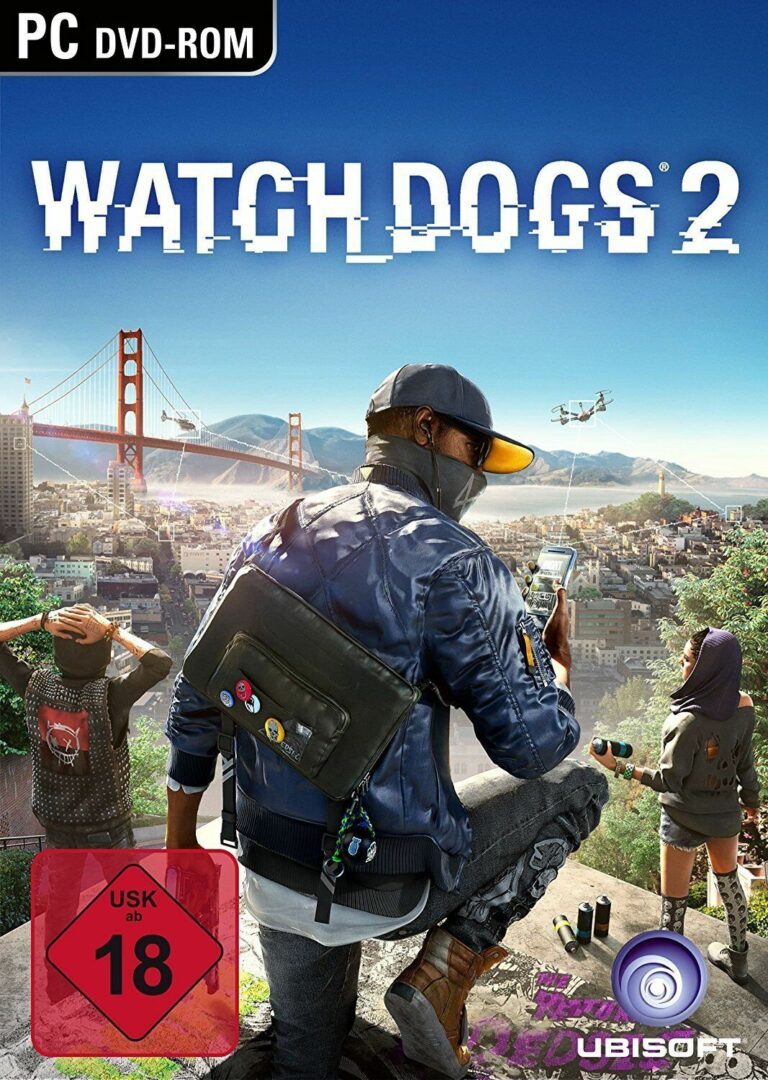 Packshot von Watch Dogs 2: Der Hauptcharakter Marcus ist mit einem Tuch maskiert und hält sein Smartphone hoch. Im Hintergrund ist die Skyline von San Francisco zu erkennen.