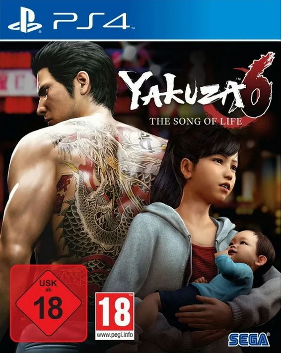 Packshot von Yakuza 6: The Song of Life: Eine junge Frau hält ein kleines Kind im Arm. Hinter ihr steht ein Mann mit einem großen Drachentattoo auf dem Rücken.