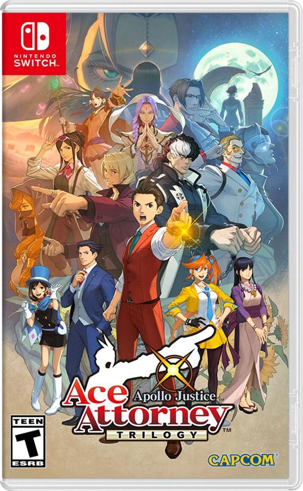 Packshot von Appollo Justice: Ace Attorney Triologie: Zahlreiche Charaktere haben sich um den Hauptcharakter Appollo Justice versammelt.