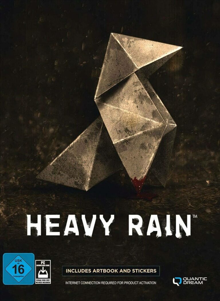 Packshot von Heavy Rain: Eine Origami-Figur steht auf dem Boden. Eine Ecke des Papiers ist blutig.