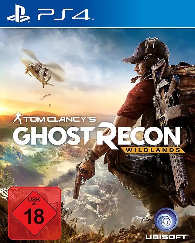 Packshot von Tom Clancy's Ghost Recon Wildlands: Ein schwer bewaffneter Soldat kniet auf einem Berg. Im Hintergrund springt einer anderer Soldat aus einem Hubschrauber.