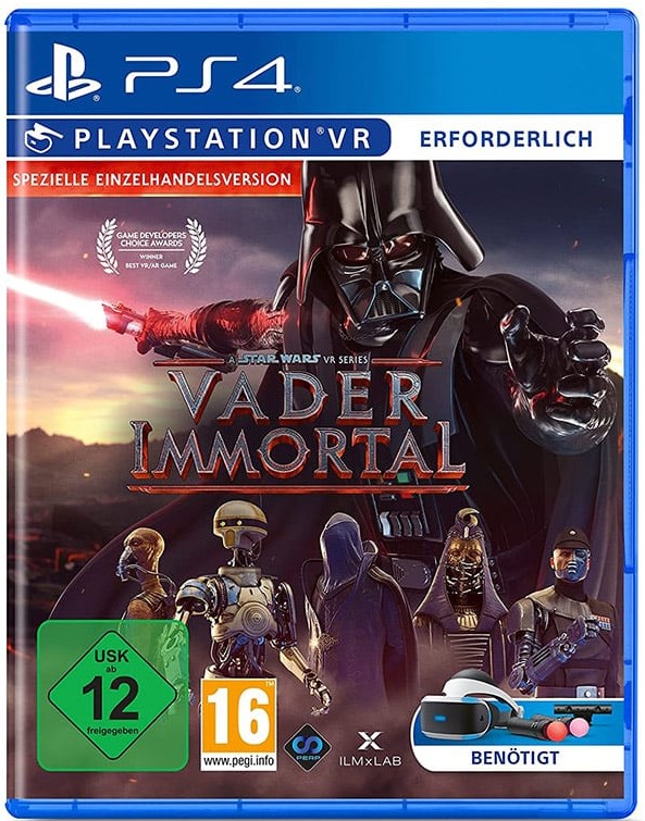 Packshot von Vader Immortal: Darth Vader groß im Hintergrund, davor unterschiedliche Charaktere des Spiels.