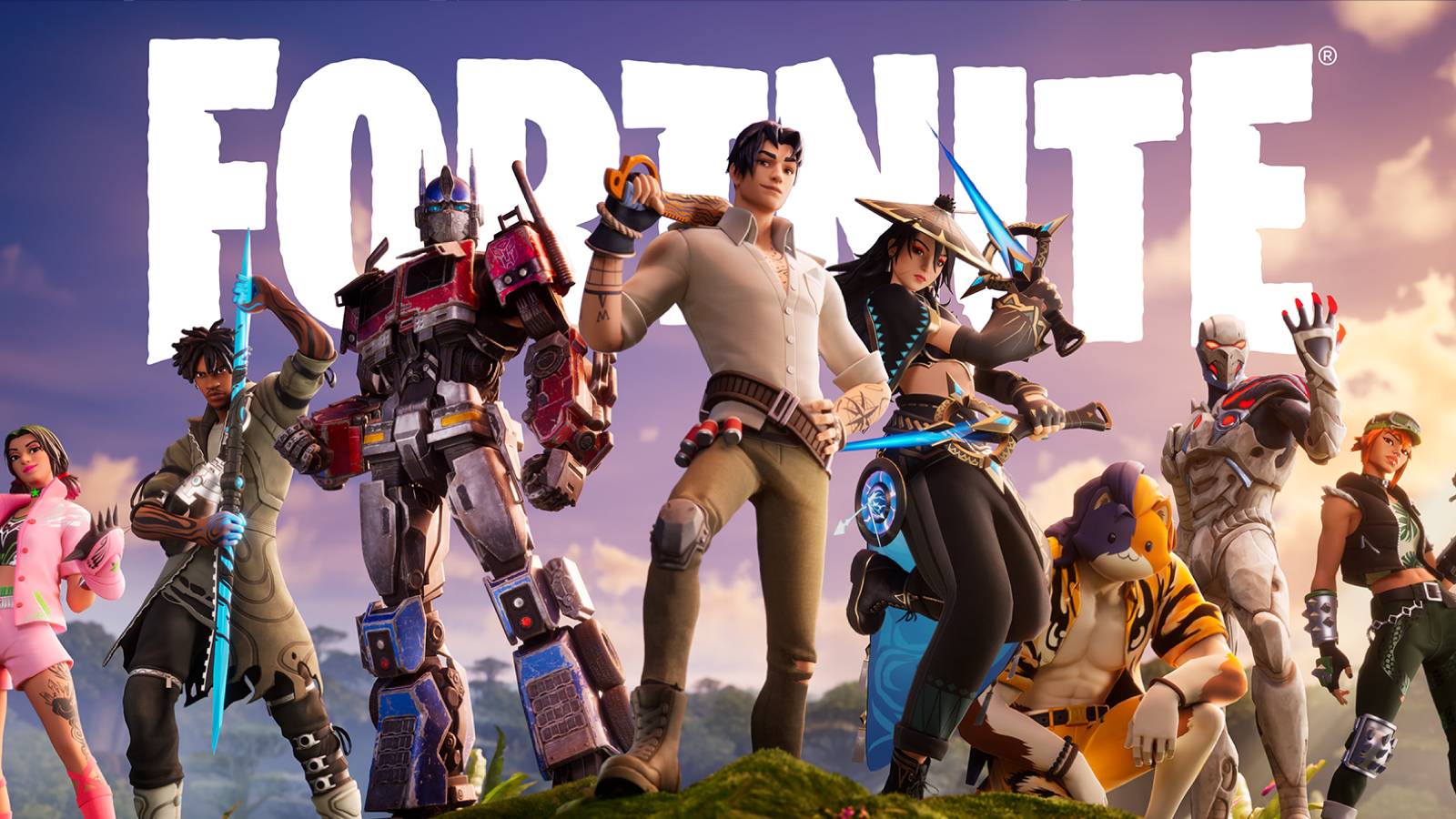 Verschiedene Fortnite-Charaktere vor dem Fortnite-Schriftzug.