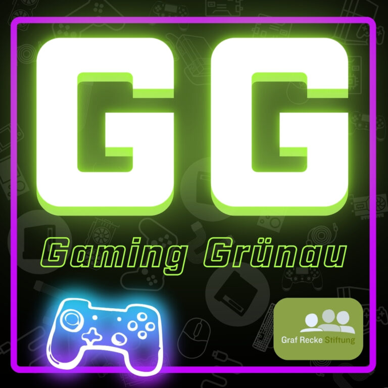 Logo der Spieletestgruppe Gaming Grünau. Zwei große Gs sowie ein Controller und das Logo der Graf Recke Stiftung.