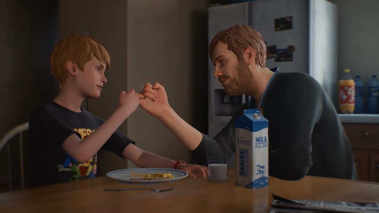 Screenshot vom Spiel The Awesome Adventures of Captain Spirit. Zeigt den Protagonisten mit seinem Vater am Frühstückstisch.