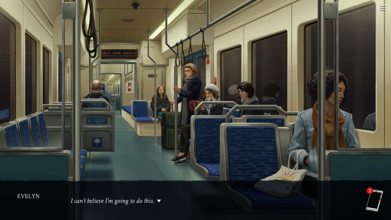 Screenshot des Spiels Eliza. Zeigt Personen in einer Bahn und die Aussage von Evelyn: "I can't believe I'm going to do this.".