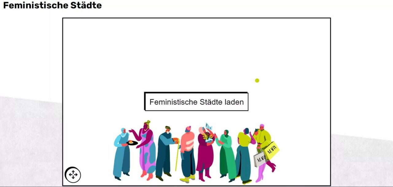 Startbildschirm des Spiels "Feministische Städte", welcher die Hauptfiguren des Spiels darstellt.