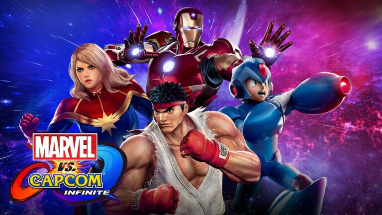 Titelbildschirm vom Spiel Marvel Vs Capcom: Infinite. Zeigt vier spielbare Charaktere.