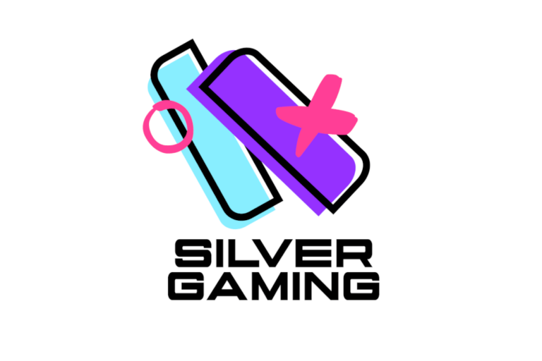 Ein hellblaues Rechteck, mit einem Kreis und ein dunkelblaues Rechteck, mit einem Kreuz werden gezeigt. Darunter steht: "Silver Gaming".