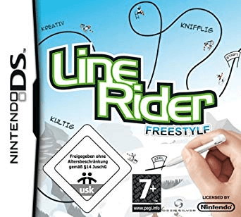 Line Rider Freestyle Packshot: Im Hintergrund eine Hand die verschiedene Linien zeichnet. Im Vordergrund der Titel des Spiels.