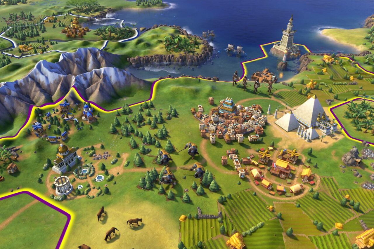 Screenshot vom Spiel Civilization VI. Man sieht eine Naturlandschaft und Dörfer aus der Vogelperspektive.