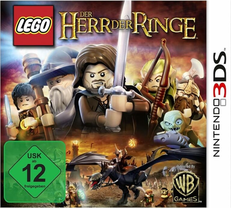 Packshot LEGO Der Herr der Ringe: Verschiedene Figuren (z.B. Zauberer, Mensch mit Schwert) und oben der Titel des Spiels.