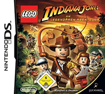 Packshot LEGO Indiana Jones. Verschiedene Figuren und der Titel des Spiels.