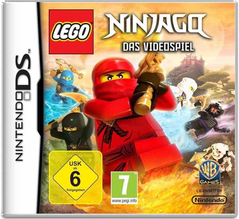 LEGO Ninjago Packshot: Verschiedene LEGO NInja-Figuren mit Masken. Ganz vorne ein komplett rot gekleidete Figur.