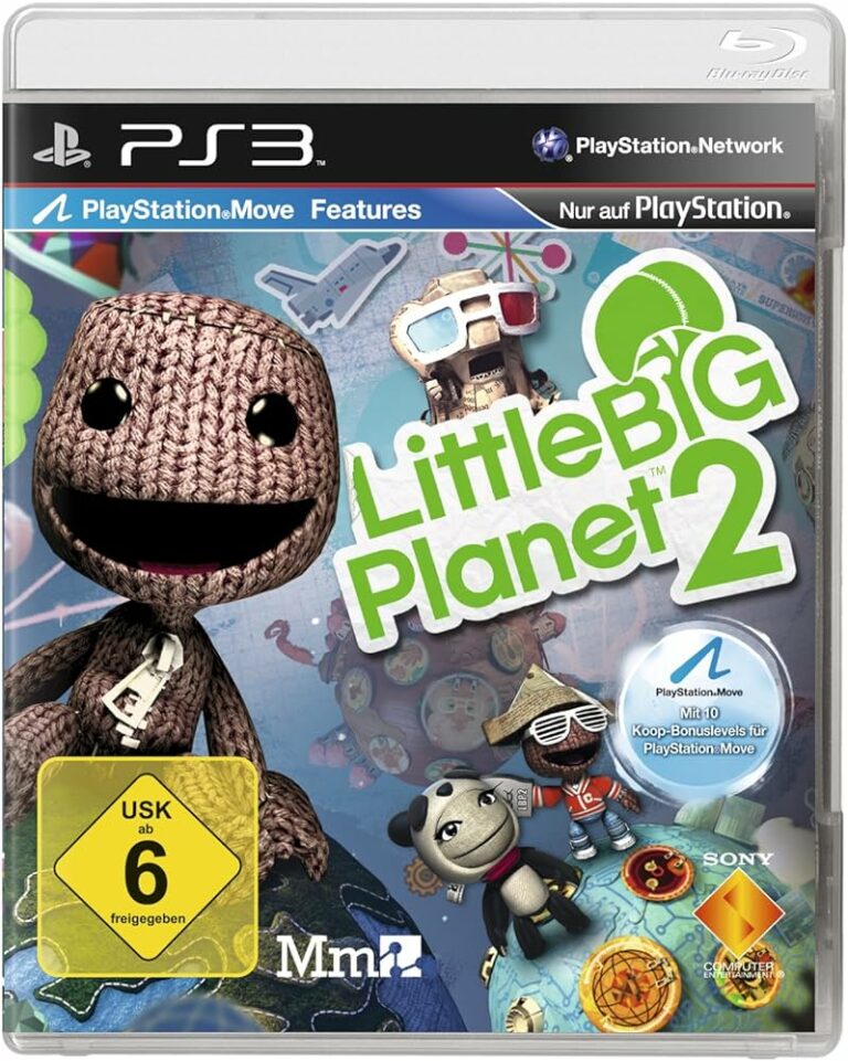 Little Big Planet 2 Packshot: Verschiedene Figuren in verschiedenen Größen und der Titel des Spiels.