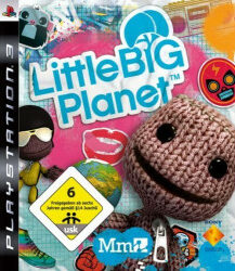 Little Big Planet Packshot: Ein bunter Hintergrund mit Sackboy im Vordergrund und dem Titel des Spiels.