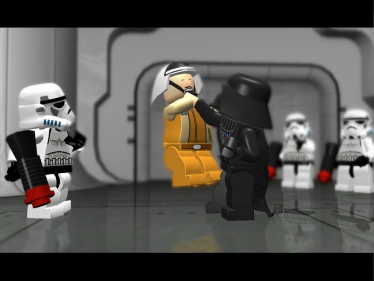 Lego-Darth Vader hebt eine Legofigur am Kragen hoch, umgeben von drei bewaffneten Klonkriegern.