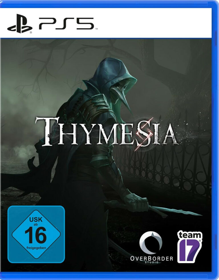 Oben links: Das Playstation 5 Logo. Darunter sieht man eine Figur mit einer Kapuze und einer spitzzulaufenden Maske. In der Mitte steht der Titel "Thymesia". Unten links steht das USK 16 Logo und unten rechts steht Overborder Studios und Team 17.