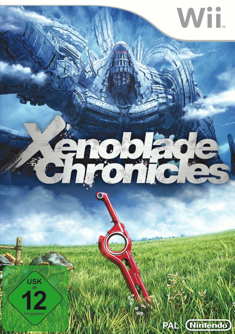 Oben rechts: Wii Logo. Ein großer Roboter kommt aus dem Himmel. Xenoblade Chronicles steht in der Mitte. Ein Schwert steckt in einer Wiese fest. Unten links: USK ab 12 freigegeben, unten rechts: PAL und Nintendo.