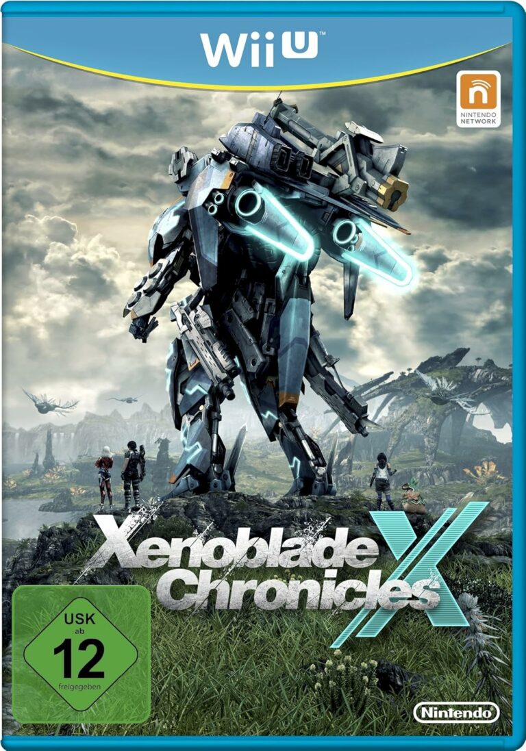 Ganz oben: WII U. Ein Mann mit Jetpack und drei weiter Figuren gucken auf eine Landschaft. Xenoblade Chronicles X steht unter ihm. Link unten: USK ab 12 freigegeben, rechts unten Nintendo.