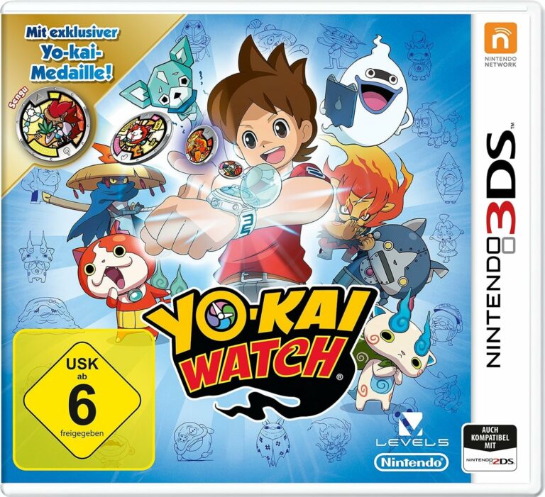 In der Mitte sieht man einige Tiere und einen Jungen mit einer Uhr. Oben rechts steht: Mit exklusiver Yo-Kai-Medallie. Der Titel steht in der Mitte: Yo-Kai Watch. Links unten sieht man das USK 6 Logo und rechts steht Nintendo 3DS.