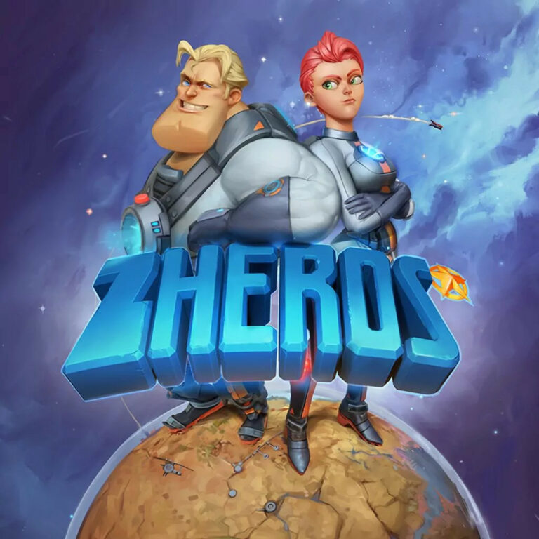 Mann und Frau in Raumanzügen stehen auf einem Planeten im Weltraum. Vor ihnen steht: ZHEROS geschreiben.