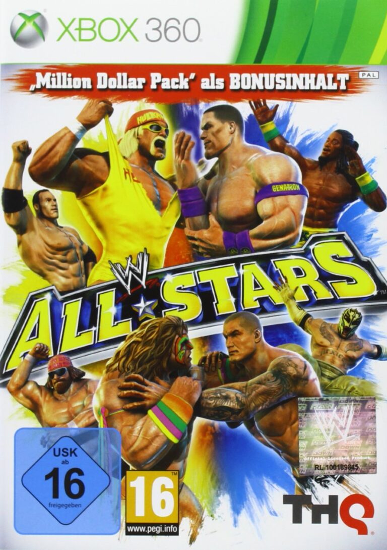 Oben rechts ist das Xbox 360 Logo zu sehen. Da drunter sieht man einige oberkörperfreie und sehr muskulöse Männer und den Titel WWE All Stars. Unten rechts ist das Pegi und Usk 16 Logo und links das THQ Logo zu sehen.