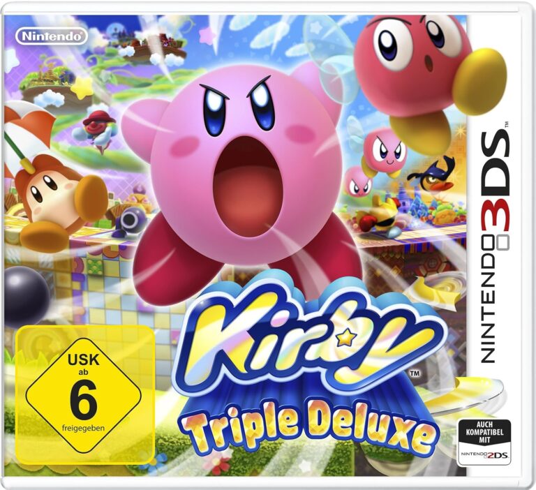 Spielecover Kirby Triple Deluxe mit Kirby im Fokus.