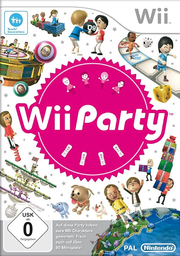 Packshot von Wii Party. Links unten ist die USK Alterskennzeichnung, ab 0 Jahren freigegeben, abgebildet.