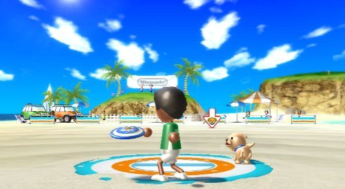 Wii Sports Charakter, welcher eine Frisbie für den Hund neben ihm wirft.