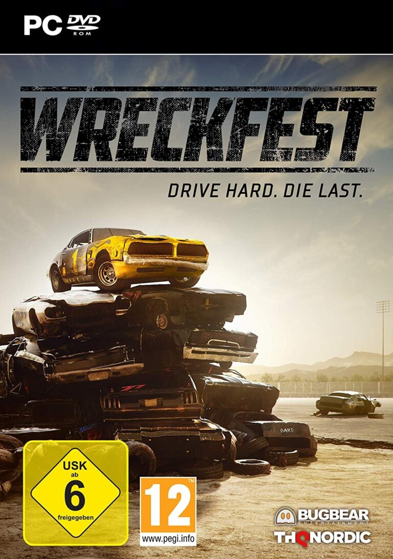 Packshot von Wreckfest, Drive Hard Die Last, mit einem Haufen zerschrotteter Autos.