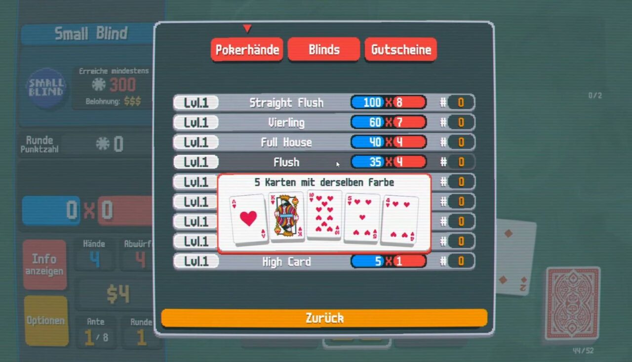 Pokerspiel: Übersicht über Pokerhände, Flush sind fünf Karten mit derselben Farbe.