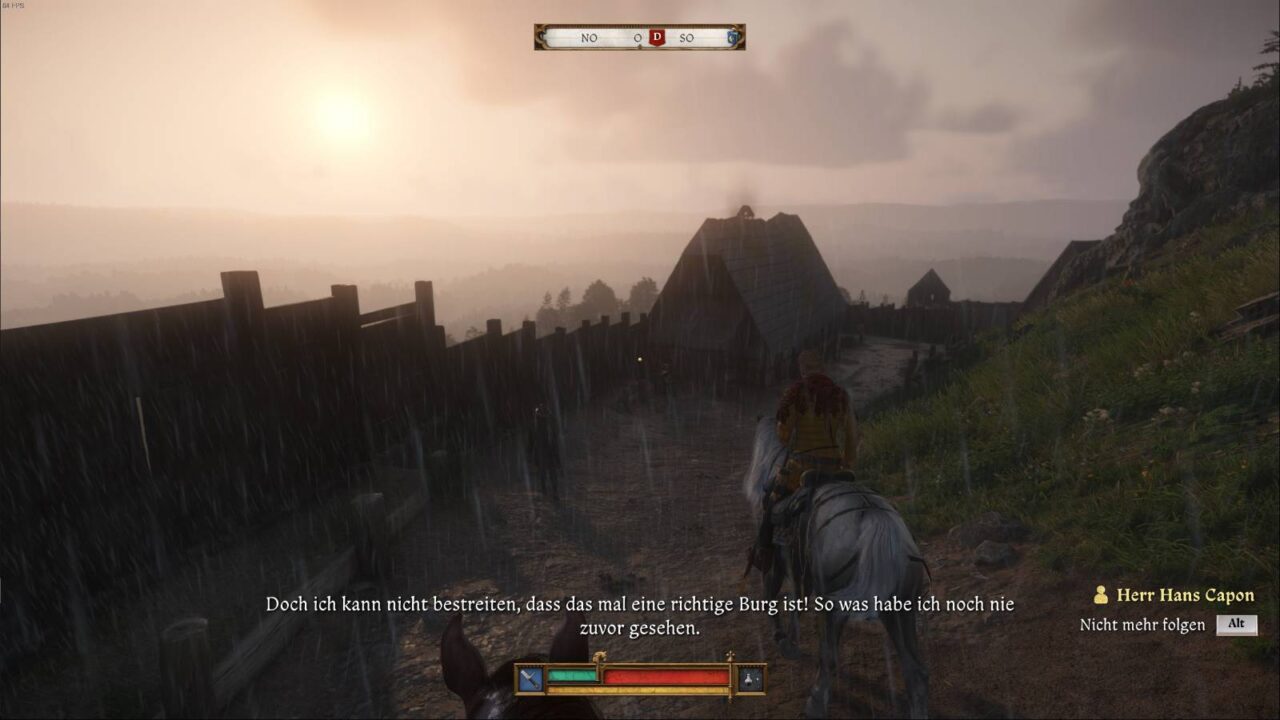Person auf dem Pferd staunt über eine besonders gute Burg im mittelalterlichen Setting.