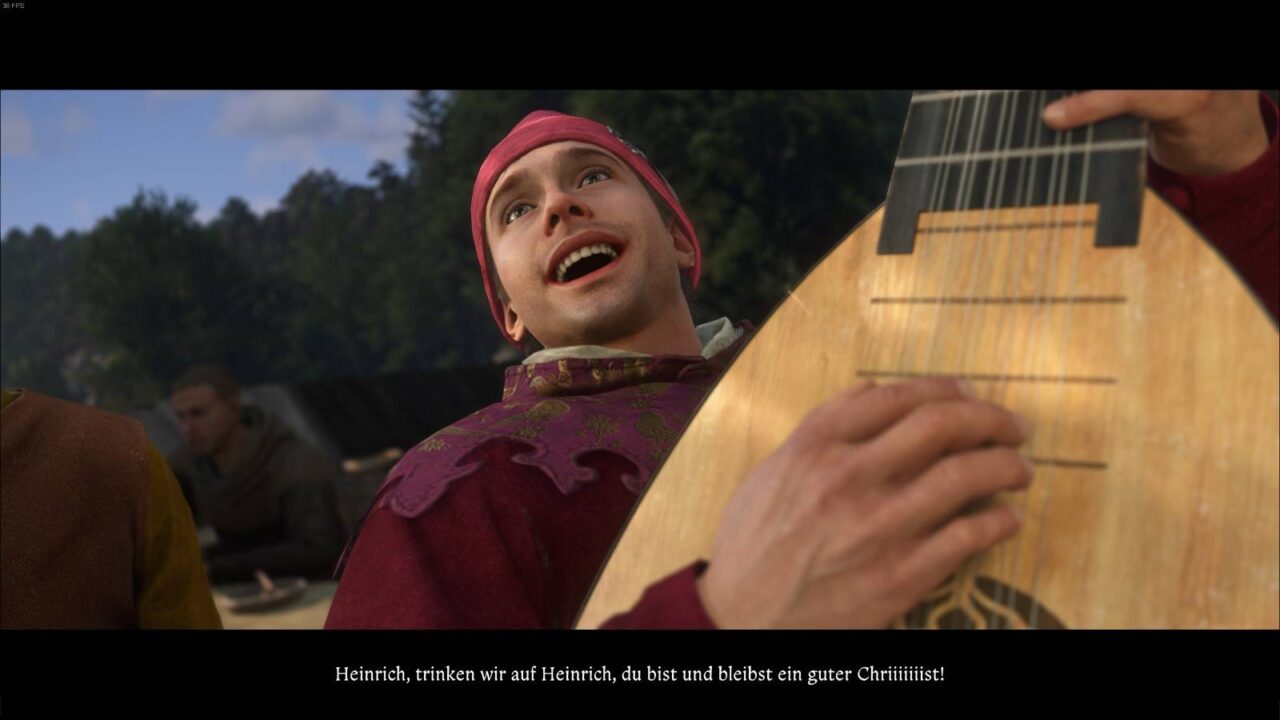 Barde spielt auf seinem Zupfinstrument und singt dazu ein Lied über einen Heinrich.
