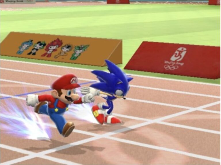 Die Figuren Mario und Sonic im Sprint. Sie hinterlassen eine Spur aus blauen Funken.