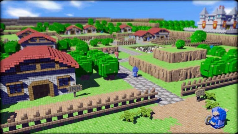 Ein Dorf in einem dreidimensionalen pixeligen Block-Stil.