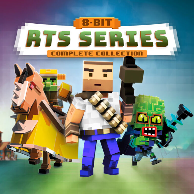 8-Bit RTS Series Artwork mit drei Pixelfiguren: Ein Oger auf einem Pferd, ein Mann mit Schusswaffe und ein Alien.