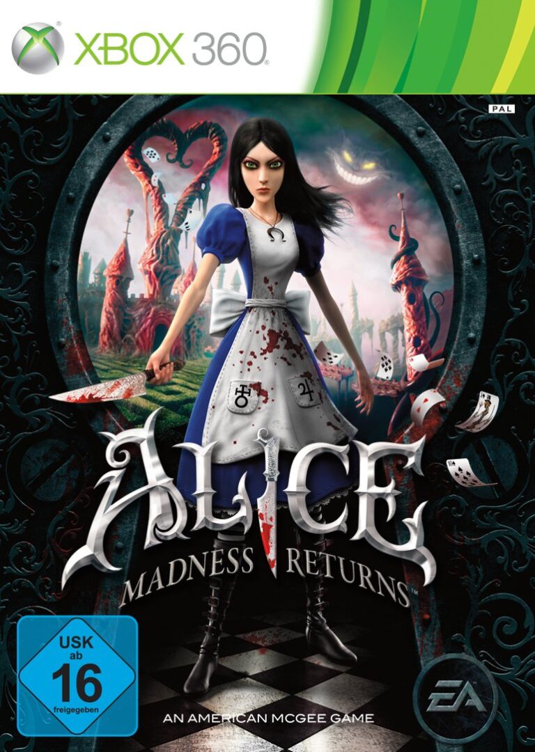 Spielhülle Alice Madness Returns mit Alice im blauen Kleid und Schürze mit Messer in der Hand, USK 16.